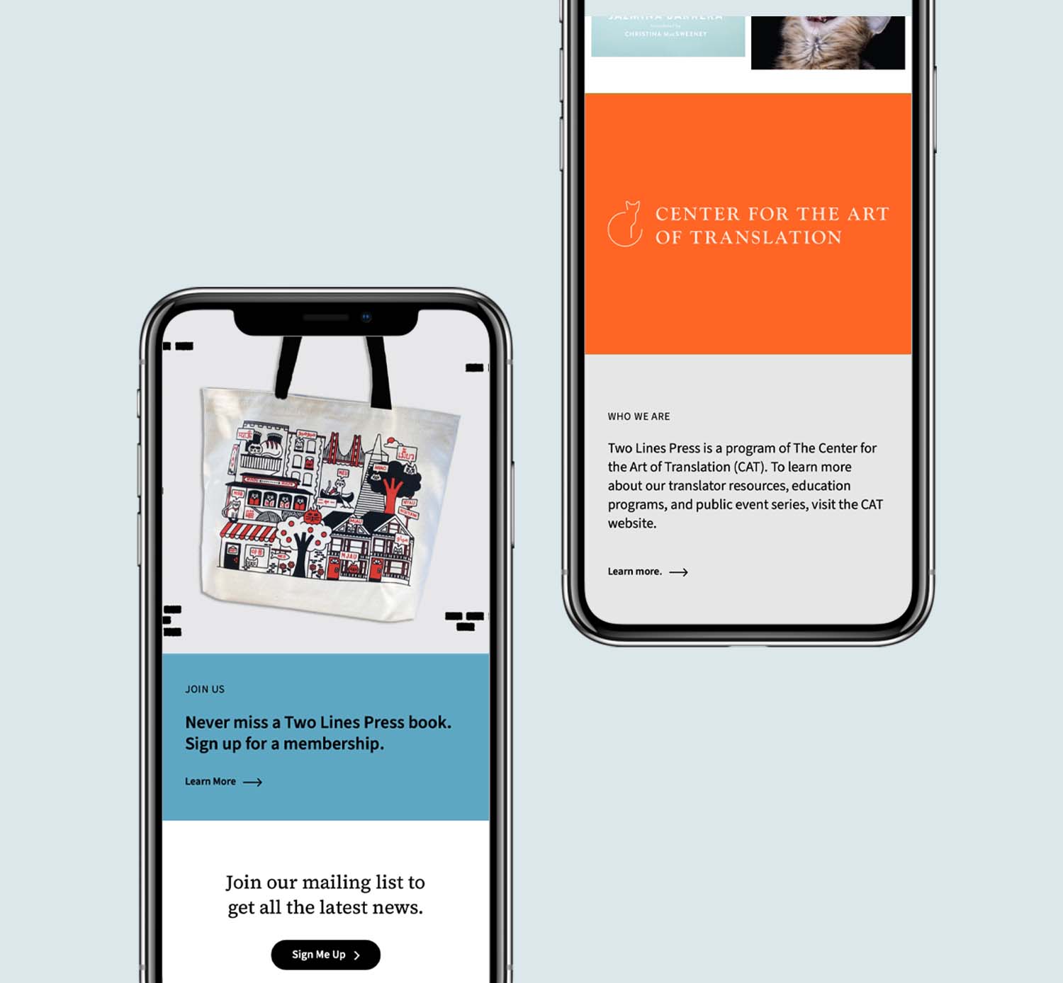 two mobile views of CAT's webpages