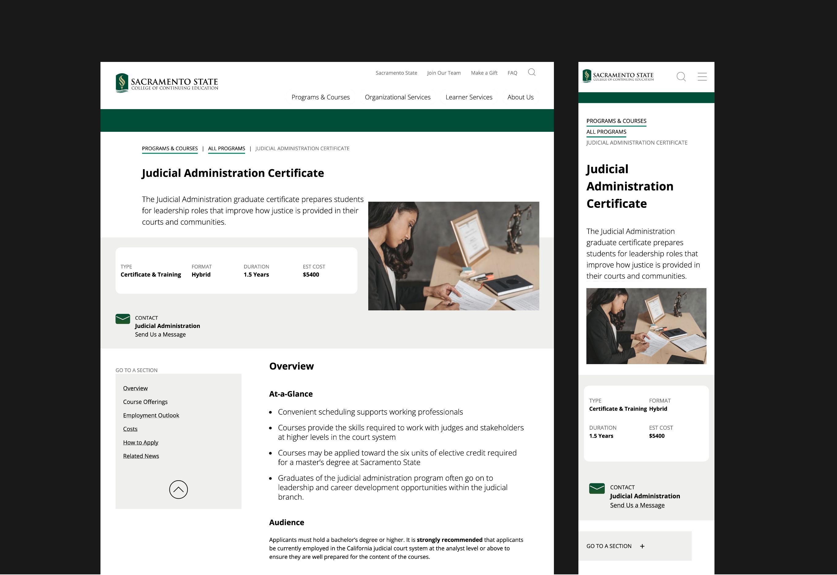 CCE's program detail page on desktop and mobile